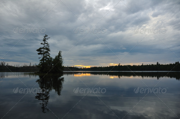 Scenic Island on a Remote Wilderness Lake at Dusk - Stock Photo - Images
