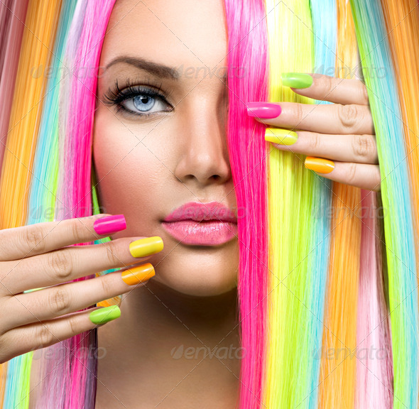 Beauty Girl Portrait with Colorful Makeup, Hair and Nail polish