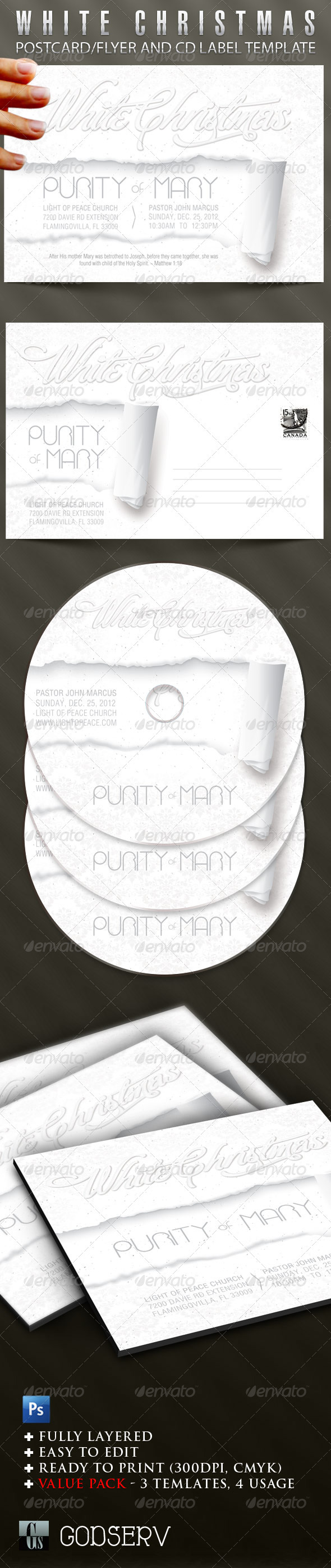White Christmas Postcard/Flyer and CD Template - Church Flyers
