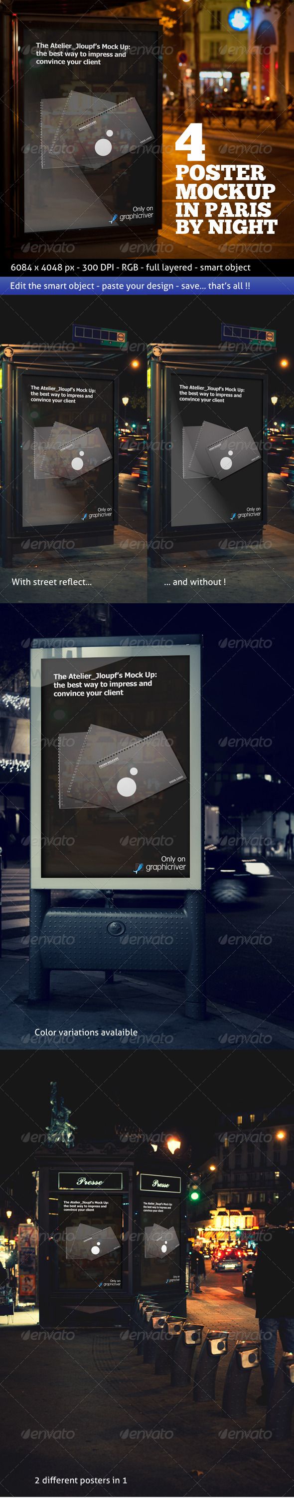 Photorealistic Poster Mockup In Paris By Night - Signage Print