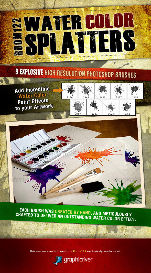 Water Color Splatters - Photoshop Brush Set - Artistic Brushes