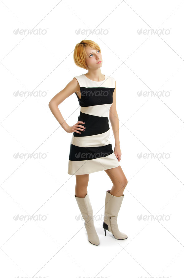 attractive young student woman in black and white dress with yel - Stock Photo - Images