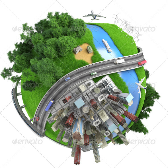 Isolated miniature globe tranports and life styles - Stock Photo - Images