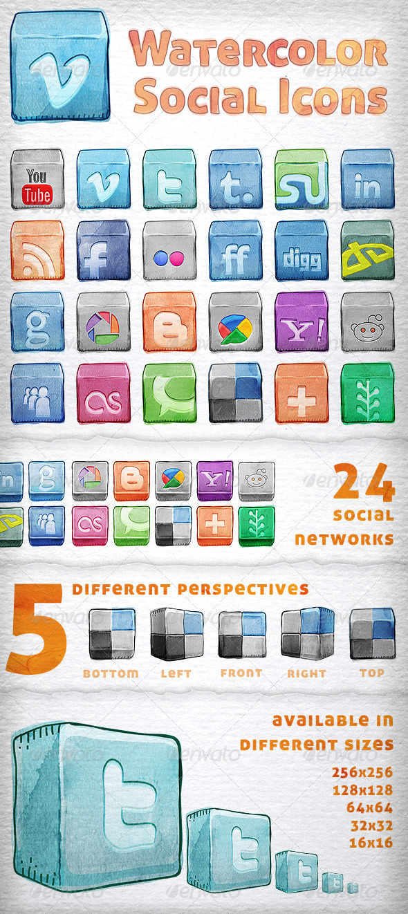 Watercolor Social Icons - Media Icons