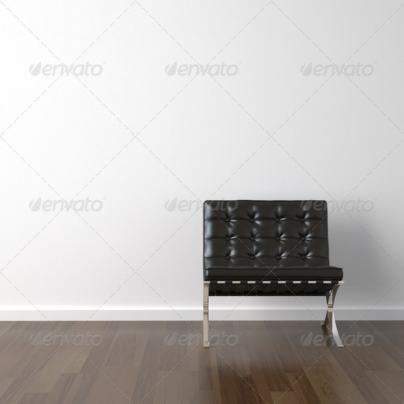 interior design of black barcelona chair on a white wall with copy space