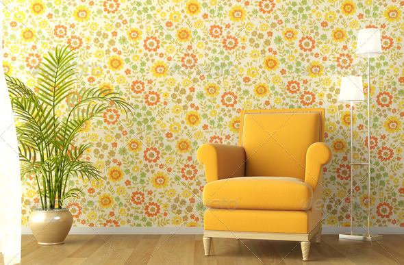 interior with armchair and flowery wallpaper - Stock Photo - Images