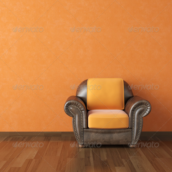 interior design scene brown leather couch on a orange wall background copy space
