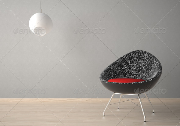 Interior design of modern armchair and lamp against a grey wall