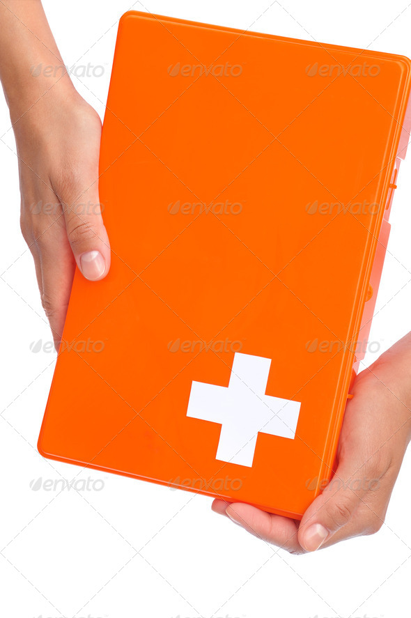 First aid kit box - Hands of young woman holding first aid kit - isolated on white background - Stock Photo - Images