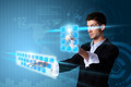 Man pressing modern touch screen buttons with a blue technology background Man pressing modern touch screen buttons with a blue technology background - PhotoDune Item for Sale
