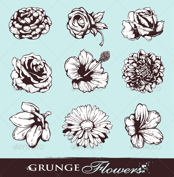 Set of Grungy Flowers - Decorative Symbols Decorative