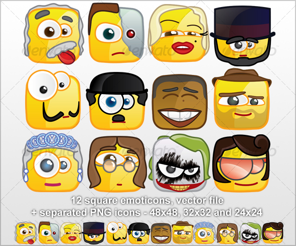 12 Square emoticons - Persons - Miscellaneous Characters