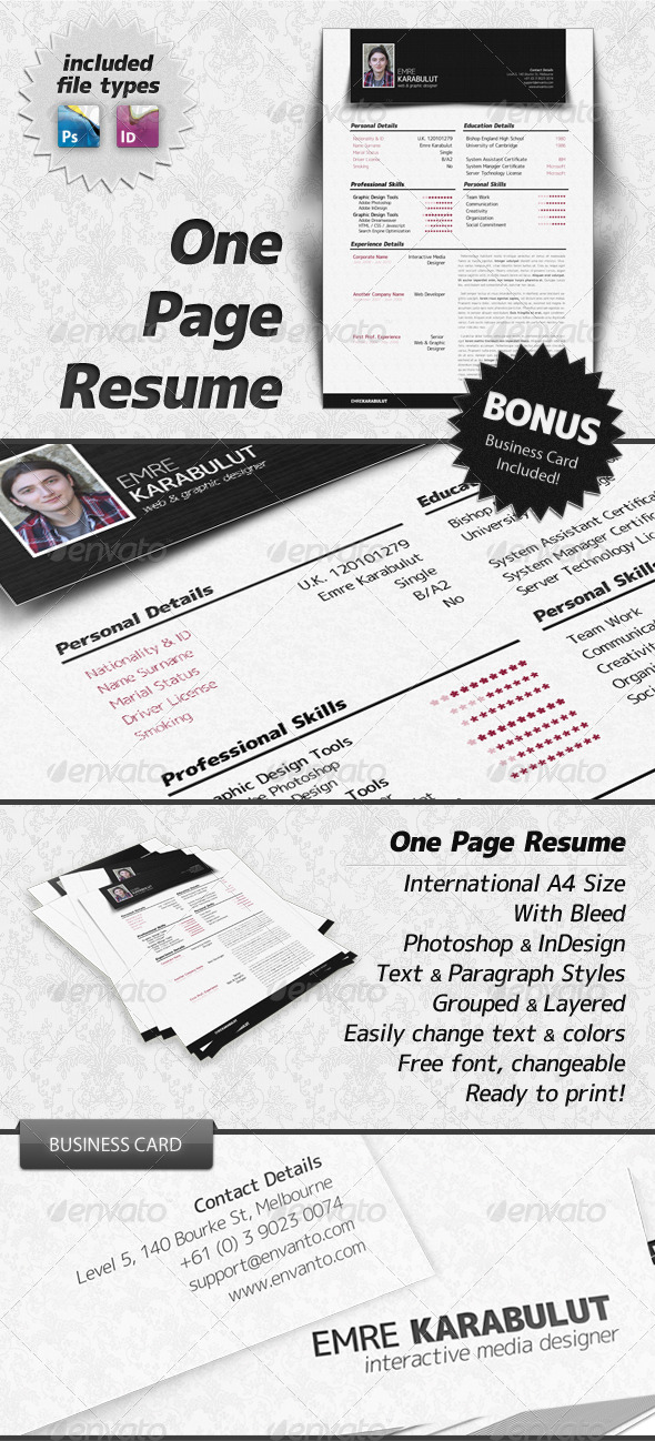 GraphicRiver Minimalist One Page Resume CV 179559 GraphicRiver Minimalist One Page Resume CV 179559