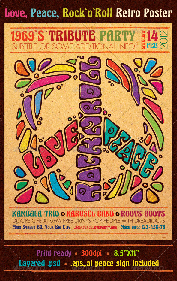 Love Peace Rock`n`Roll Retro Poster - Clubs & Parties Events