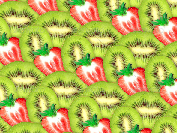 background of fresh kiwi and strawberry slices - Stock Photo - Images