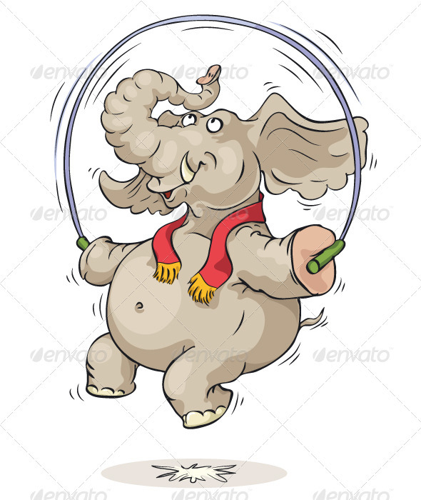 Happy elephant jumping over jump rope.