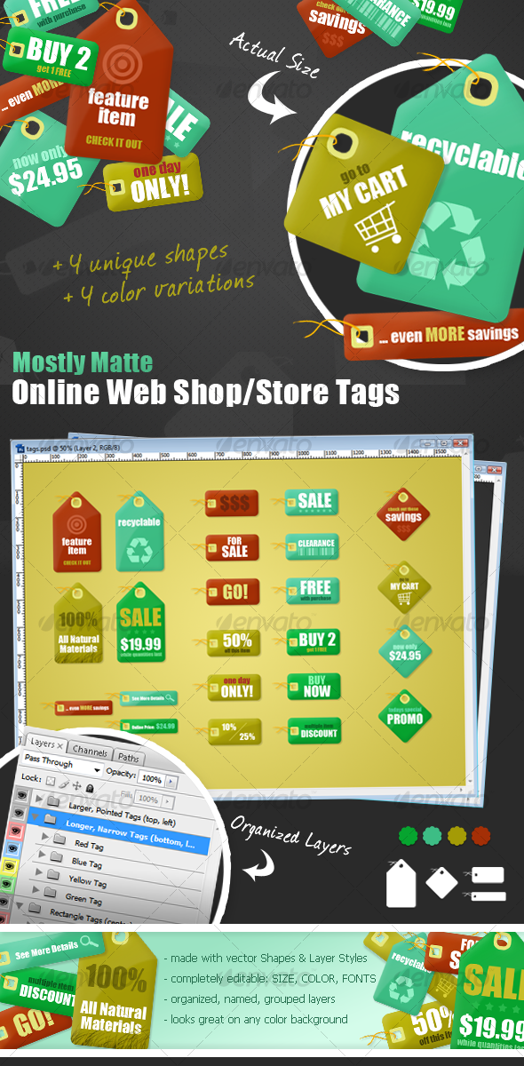 Mostly-Matte Web Store Tag Set - 4 Sizes, 4 Colors - Web Elements