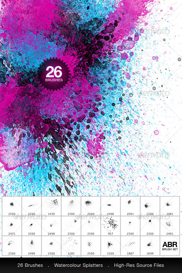 26 Watercolor Splatter Brushes - Artistic Brushes