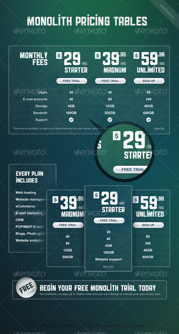 Monolith Pricing Tables & Ads - Web Elements