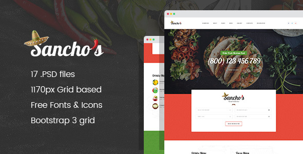 Sancho’s – Mexican Food Restaurant and Delivery Service PSD Template Sancho’s – Mexican Food Restaurant and Delivery Service PSD Template