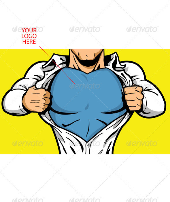 Comic book superhero opening shirt to reveal costume underneath with 