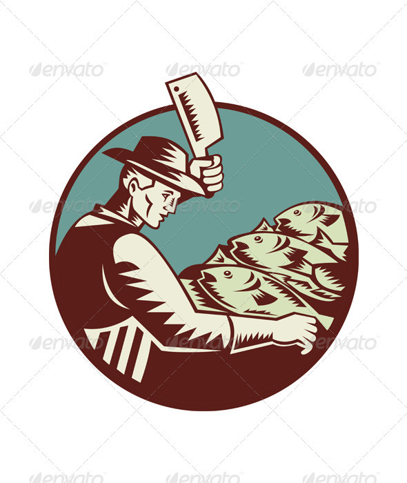 Fishmonger Butcher Knife and Fish - Industries Business