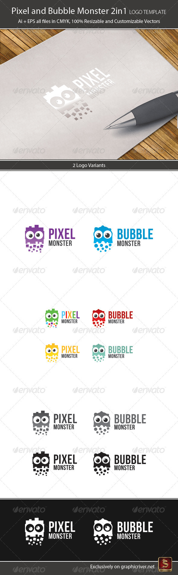Pixel and Bubble Monster Logo Template 2in1 - Vector Abstract