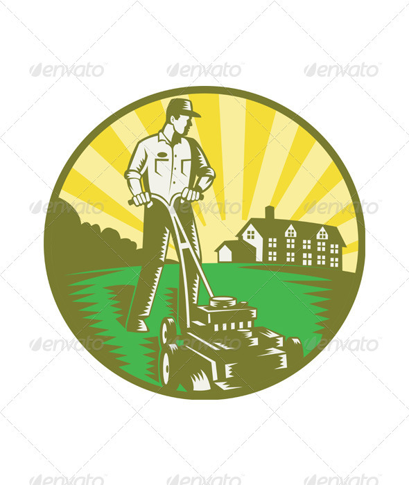 Gardener Mowing Lawn Mower Retro - People Characters