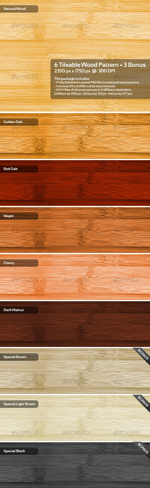 6 Tileable Wood Pattern + 3 Bonus - Photoshop Add-ons