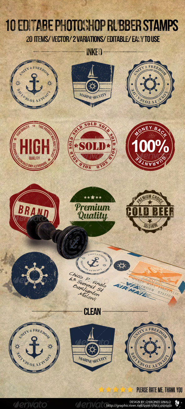 10 Editable Photoshop Rubber Stamps - Badges & Stickers Web Elements