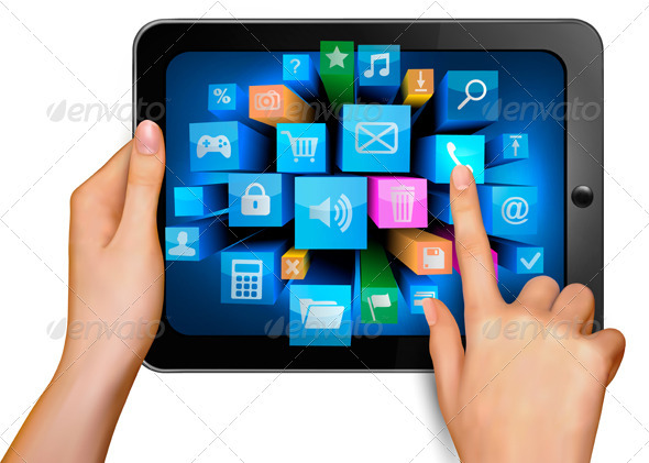 Hand holding touch pad pc and finger touching it s - Computers Technology