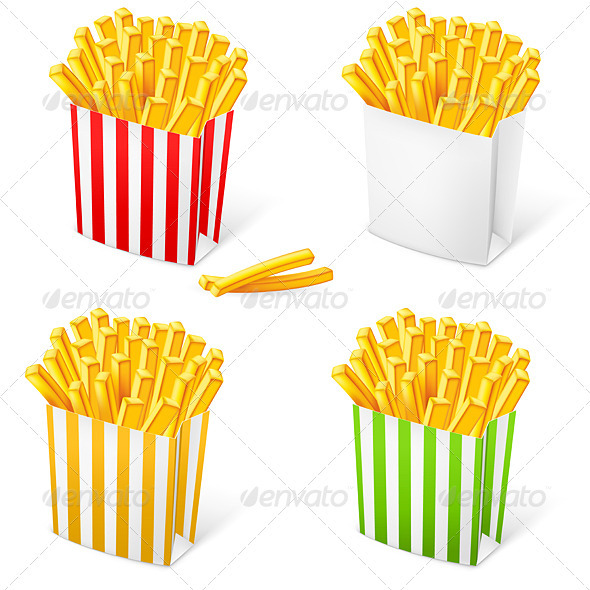 French fries in a multi-colored striped packaging - Food Objects