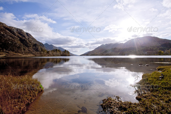 Loch Shiel Lake at Glenn Finnan Highlands Scotland - Stock Photo - Images