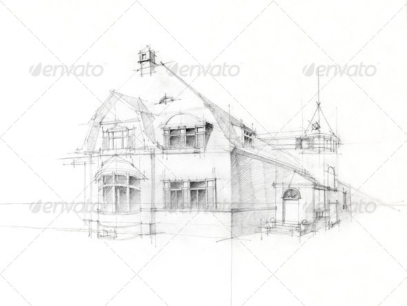 pencil sketch old house on white paper - Stock Photo - Images