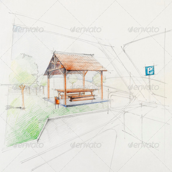 sketched perspective of wooden turret, car park - Stock Photo - Images