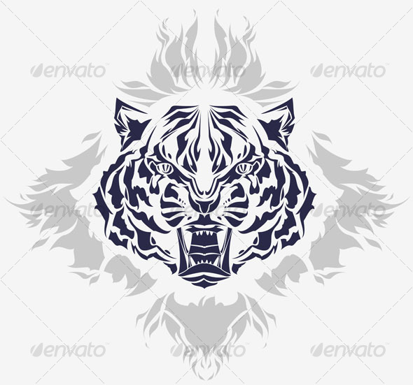 Tribal growling tiger head and flames - Animals Characters