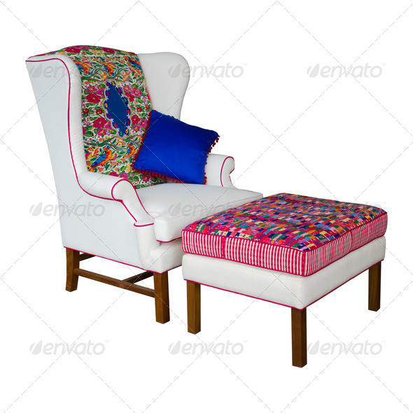 White Fabric armchair and stool - Stock Photo - Images