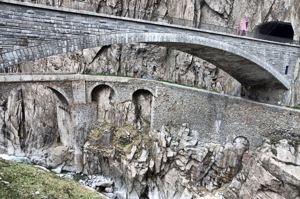 Devil's bridge at St. Gotthard pass, Switzerland. Alps. Europe - Stock Photo - Images