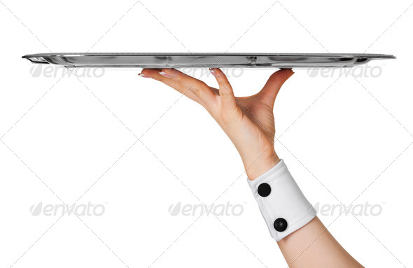 Empty metal tray on hand isolated on white - Stock Photo - Images