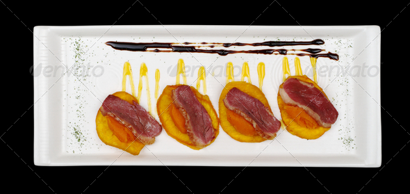 Appetizer: Duck Meat with Sweet Potato - Stock Photo - Images