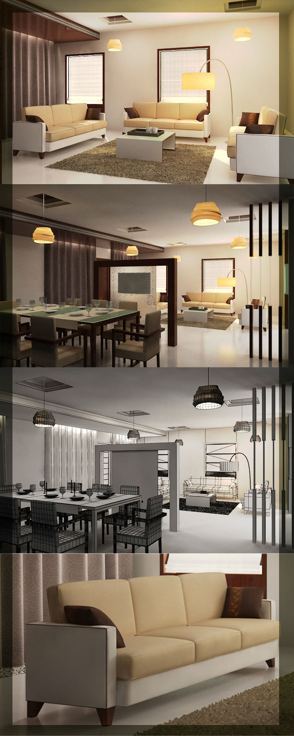 Realistic Living & Dining interior 3D - 3DOcean Item for Sale