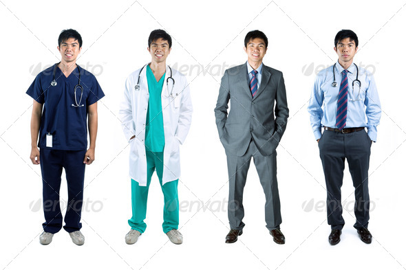 Four poses of the same male model in business & medical clothes - Stock Photo - Images
