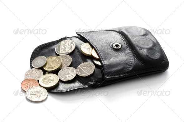 open wallet or purse with sterling coins isolated on white - Stock Photo - Images
