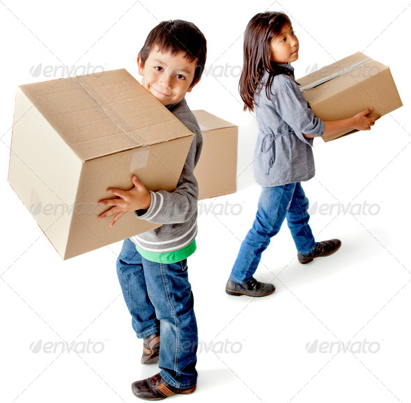Kids with cardboard boxes - Stock Photo - Images