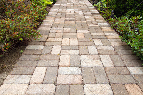 Garden Brick Paver Path Walkway - Stock Photo - Images