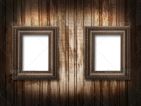 two picture frames on a wooden background grunge - Stock Photo - Images