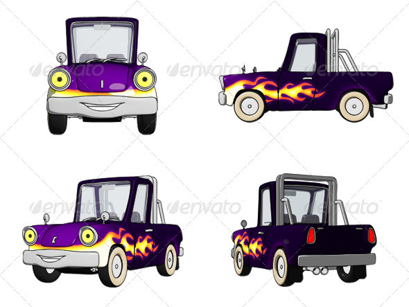 Cartoon Pickup Truck with Roll Bar - Objects Illustrations