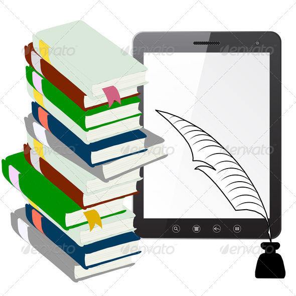 Tablet PC computer with a pen and ink with books - Stock Photo - Images