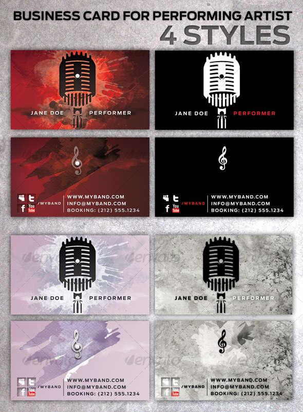 Business Card for Performing Artists in 4 Styles - Industry Specific Business Cards