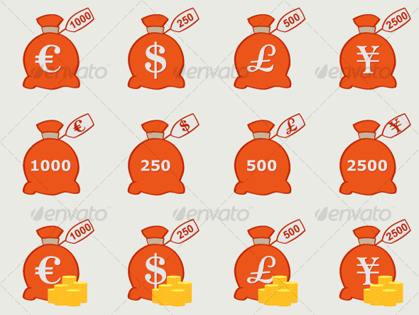 Vector Money Bags with Currency Symbols - Business Conceptual